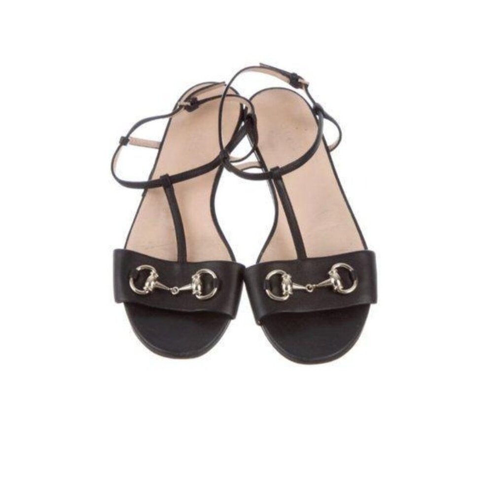 Gucci Black Horsebit Leather T-Strap Sandals Size 36.5 Italy